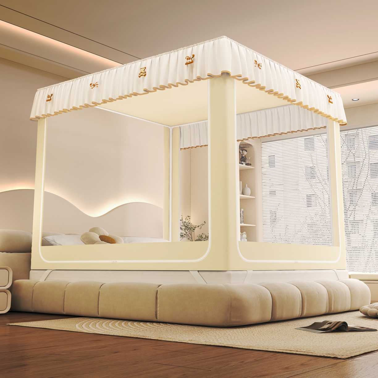 91家纺网 家纺一手货源 找家纺 初心家纺 2026新款DIY防尘顶坐床防摔蚊帐 米黄