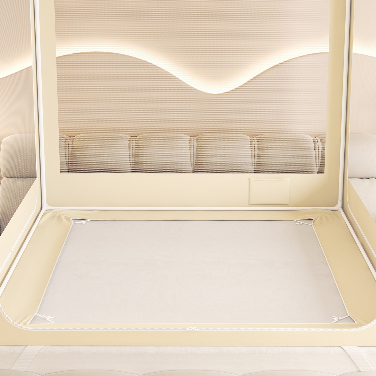 91家纺网 家纺一手货源 找家纺 初心家纺 2026新款DIY防尘顶坐床防摔蚊帐 米黄