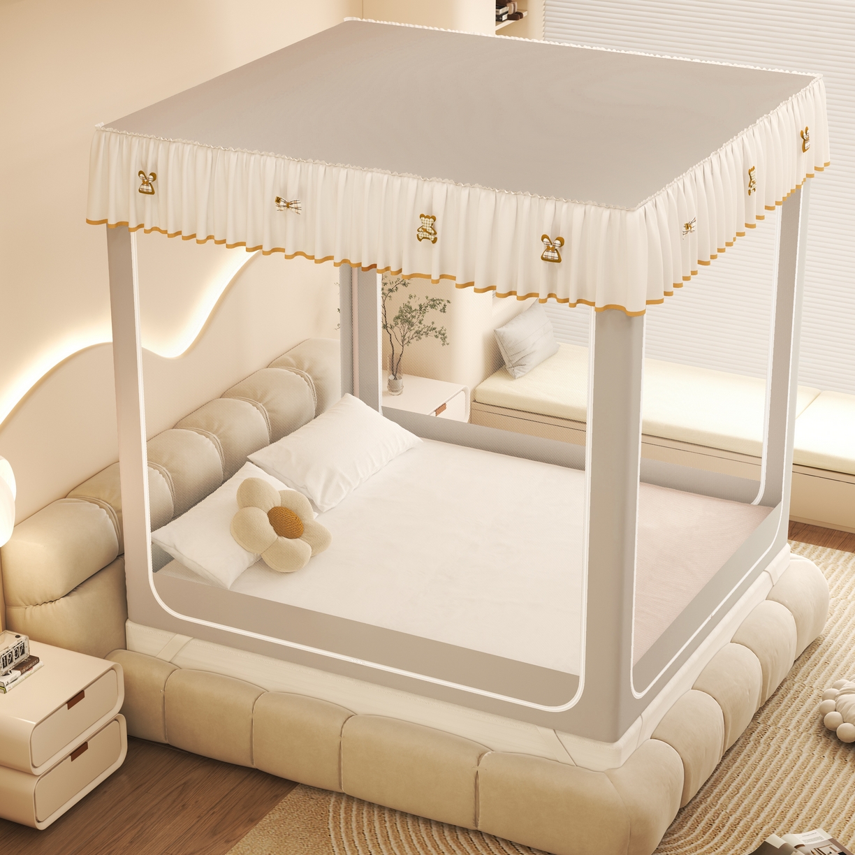 初心家纺 2026新款DIY防尘顶坐床防摔蚊帐 浅灰