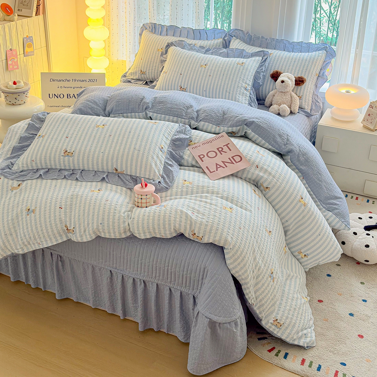 91家纺网 家纺一手货源 找家纺 民新家纺 2026新款泡芙双层纱床盖款四件套 晨光乐园