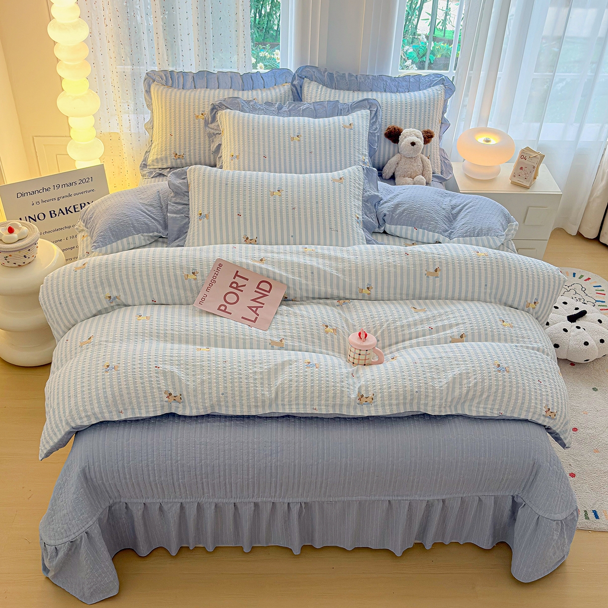 91家纺网 家纺一手货源 找家纺 民新家纺 2026新款泡芙双层纱床盖款四件套 晨光乐园