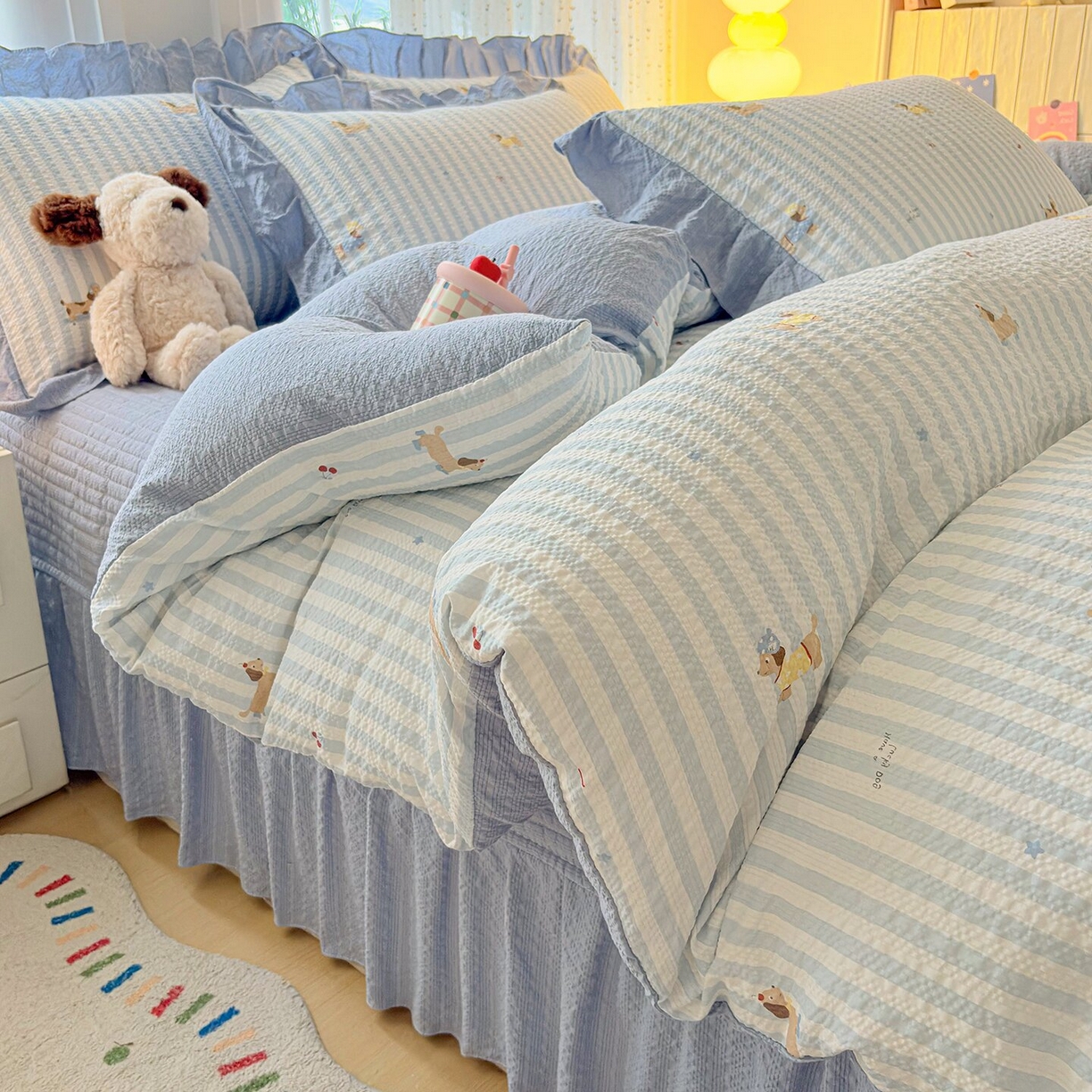 民新家纺 2026新款泡芙双层纱床盖款四件套 晨光乐园