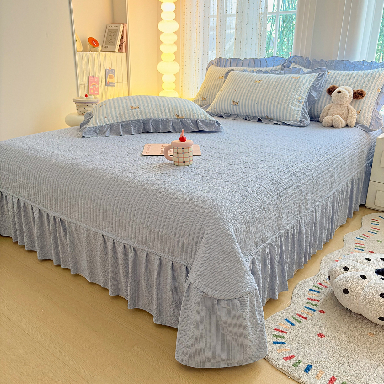 91家纺网 家纺一手货源 找家纺 民新家纺 2026新款泡芙双层纱床盖款四件套 晨光乐园