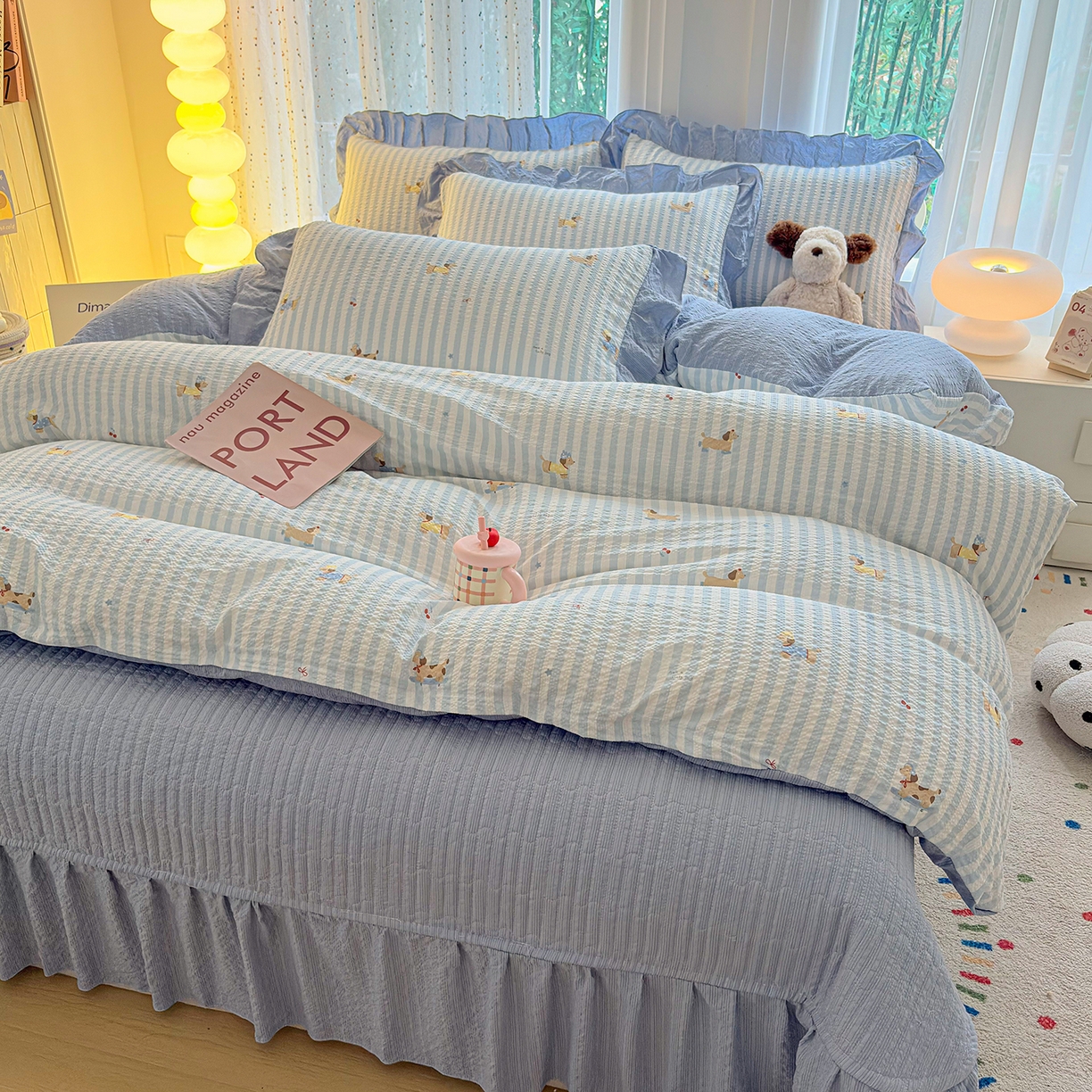 91家纺网 家纺一手货源 找家纺 民新家纺 2026新款泡芙双层纱床盖款四件套 晨光乐园