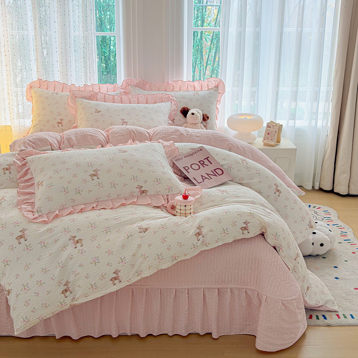 91家纺网 家纺一手货源 找家纺 民新家纺 2026新款泡芙双层纱床盖款四件套 粉雾童话