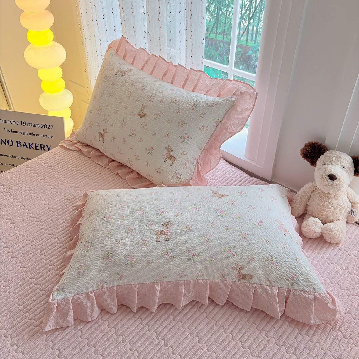 91家纺网 家纺一手货源 找家纺 民新家纺 2026新款泡芙双层纱床盖款四件套 粉雾童话