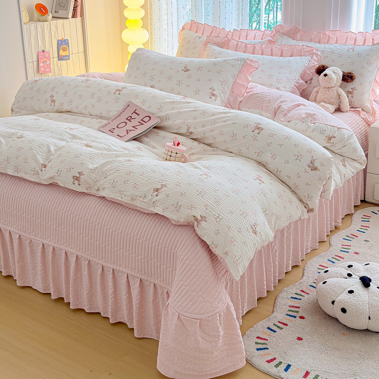 91家纺网 家纺一手货源 找家纺 民新家纺 2026新款泡芙双层纱床盖款四件套 粉雾童话