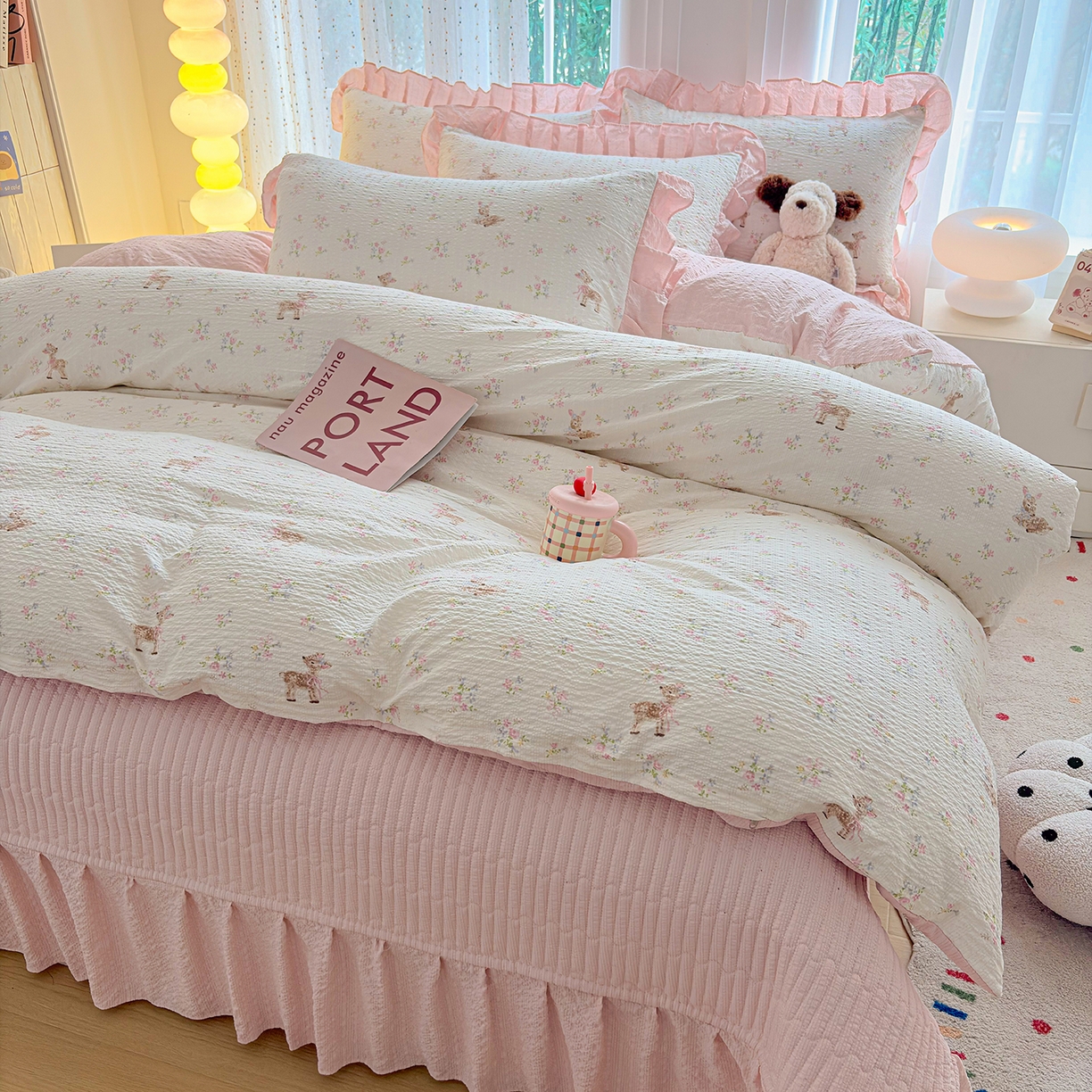 91家纺网 家纺一手货源 找家纺 民新家纺 2026新款泡芙双层纱床盖款四件套 粉雾童话