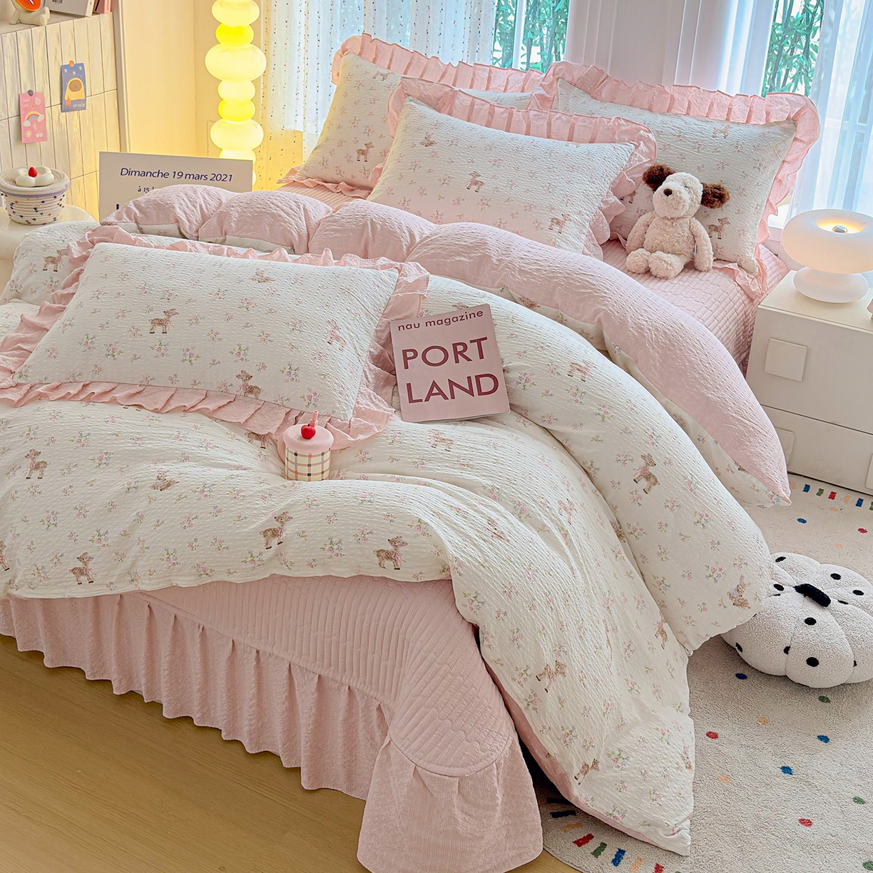 91家纺网 家纺一手货源 找家纺 民新家纺 2026新款泡芙双层纱床盖款四件套 粉雾童话