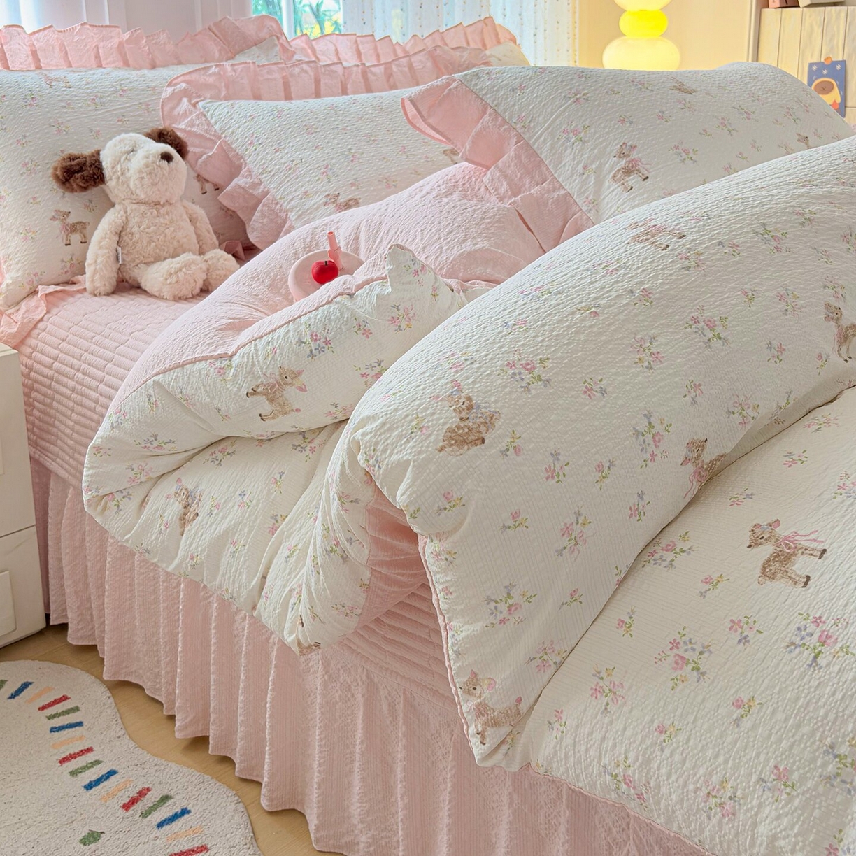 民新家纺 2026新款泡芙双层纱床盖款四件套 粉雾童话