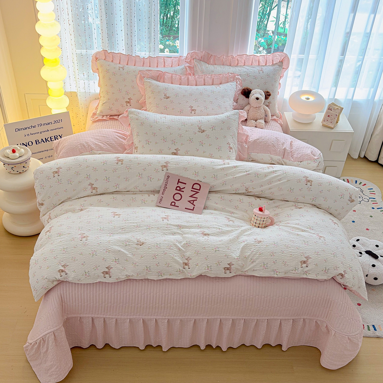 91家纺网 家纺一手货源 找家纺 民新家纺 2026新款泡芙双层纱床盖款四件套 粉雾童话