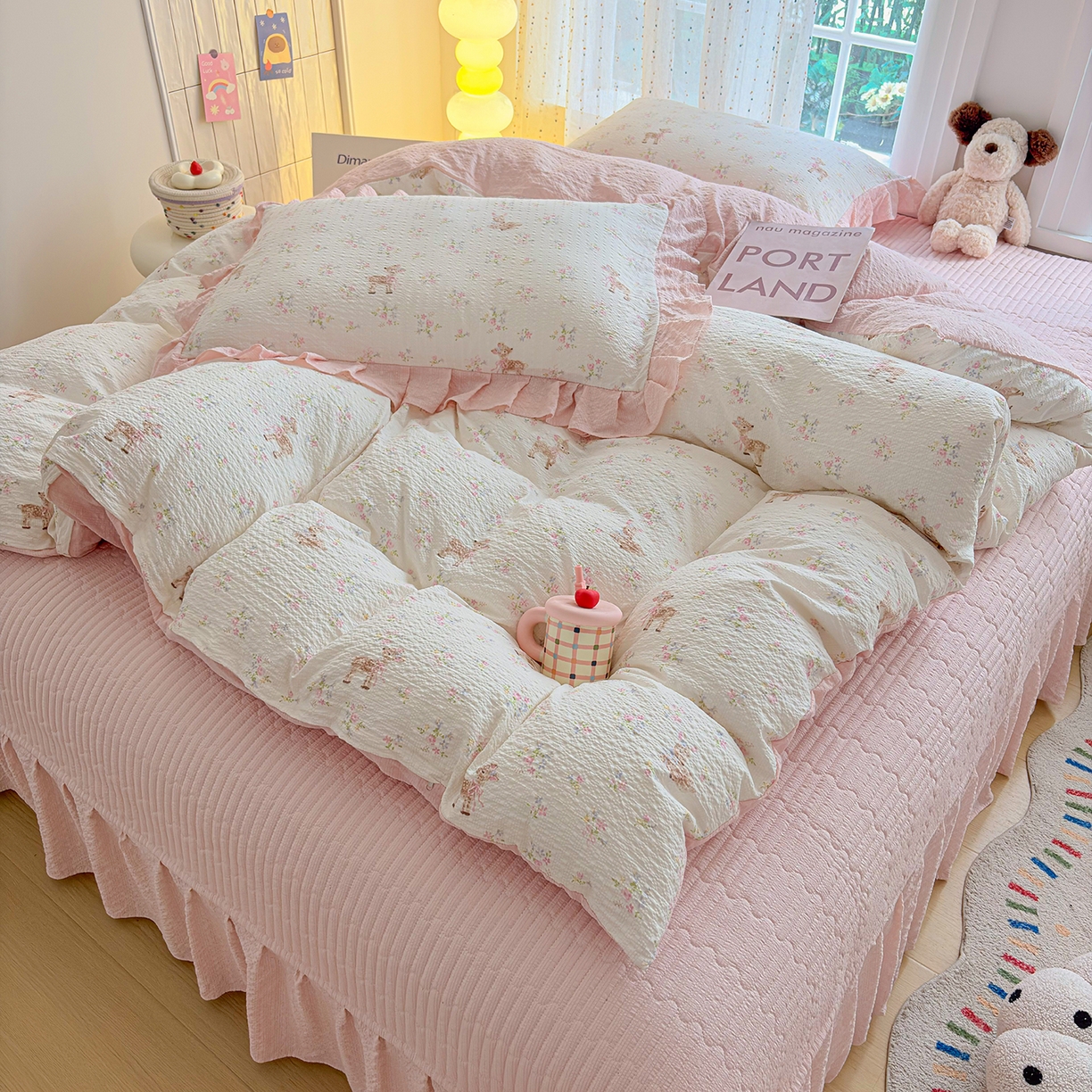 91家纺网 家纺一手货源 找家纺 民新家纺 2026新款泡芙双层纱床盖款四件套 粉雾童话