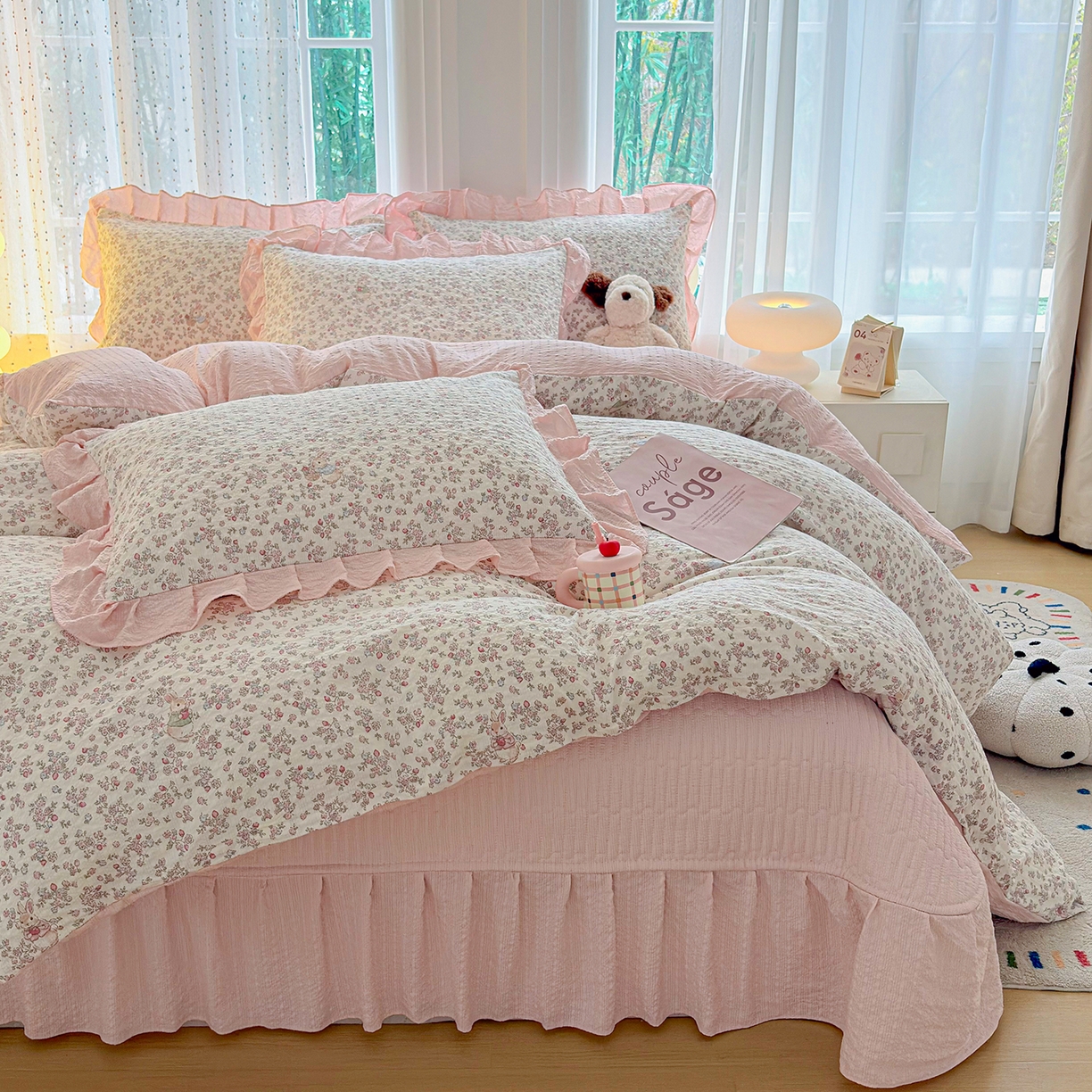 91家纺网 家纺一手货源 找家纺 民新家纺 2026新款泡芙双层纱床盖款四件套 花间密语