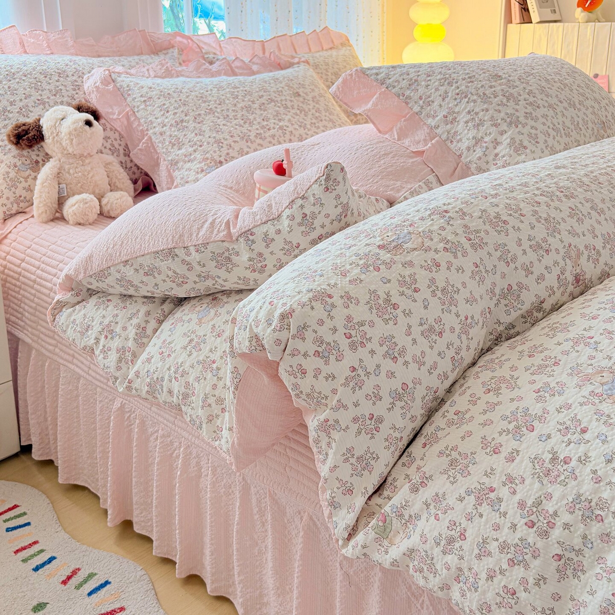 民新家纺 2026新款泡芙双层纱床盖款四件套 花间密语