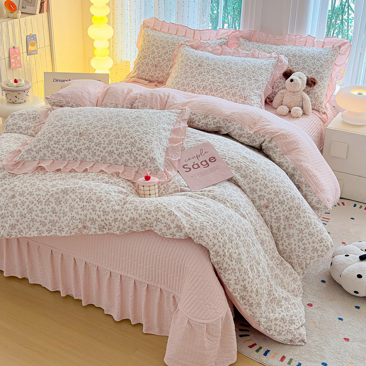 91家纺网 家纺一手货源 找家纺 民新家纺 2026新款泡芙双层纱床盖款四件套 花间密语