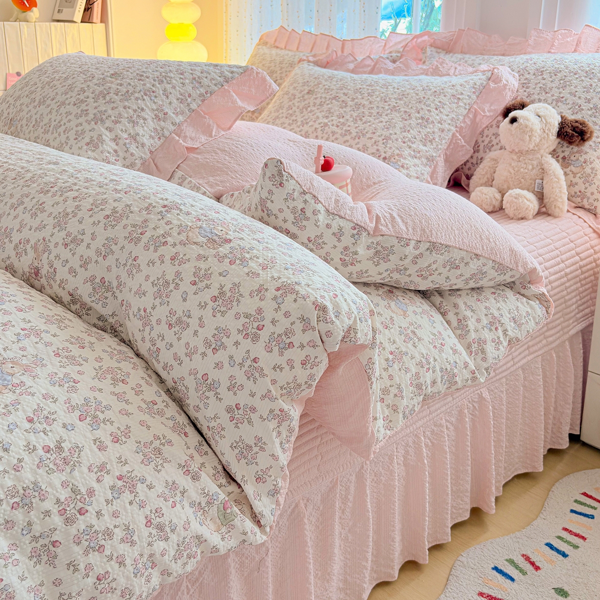 91家纺网 家纺一手货源 找家纺 民新家纺 2026新款泡芙双层纱床盖款四件套 花间密语