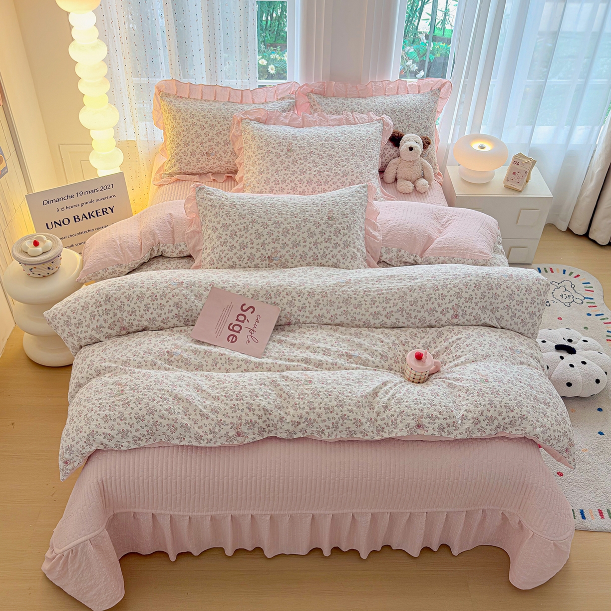 91家纺网 家纺一手货源 找家纺 民新家纺 2026新款泡芙双层纱床盖款四件套 花间密语