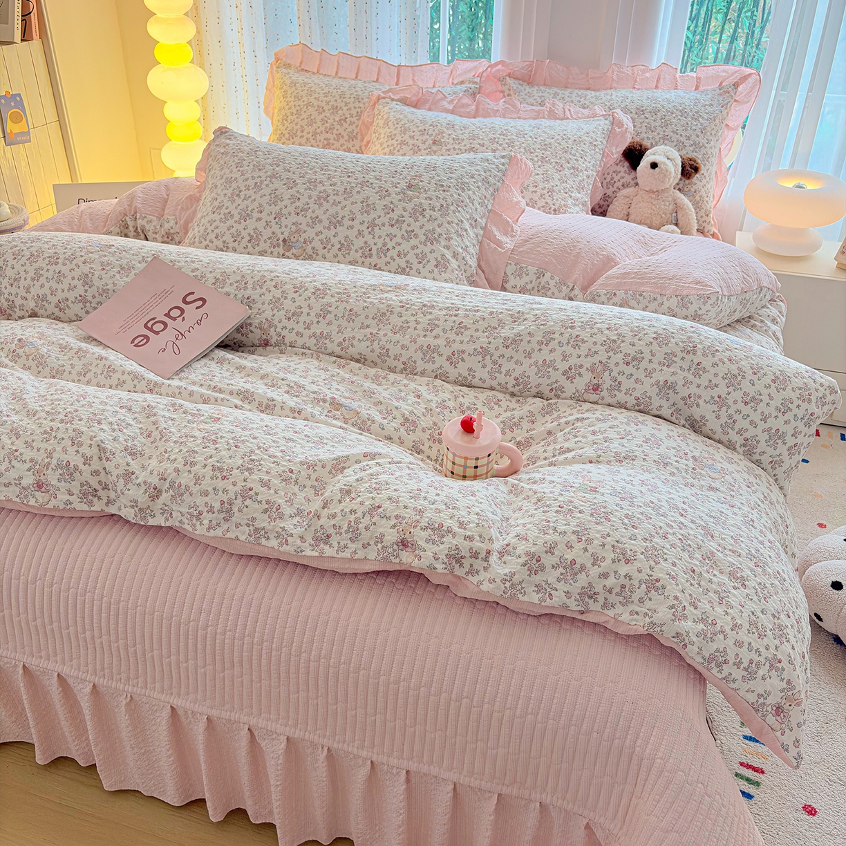 91家纺网 家纺一手货源 找家纺 民新家纺 2026新款泡芙双层纱床盖款四件套 花间密语