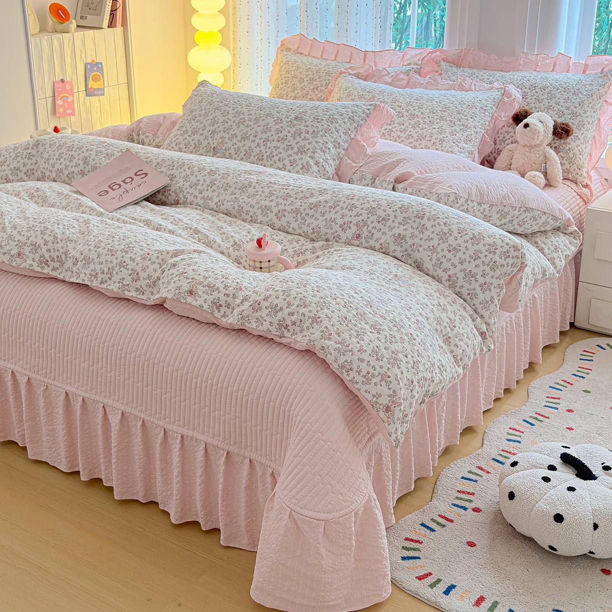 91家纺网 家纺一手货源 找家纺 民新家纺 2026新款泡芙双层纱床盖款四件套 花间密语