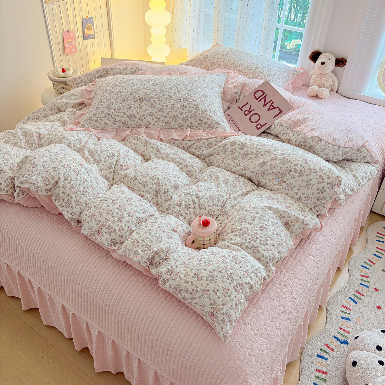 91家纺网 家纺一手货源 找家纺 民新家纺 2026新款泡芙双层纱床盖款四件套 花间密语