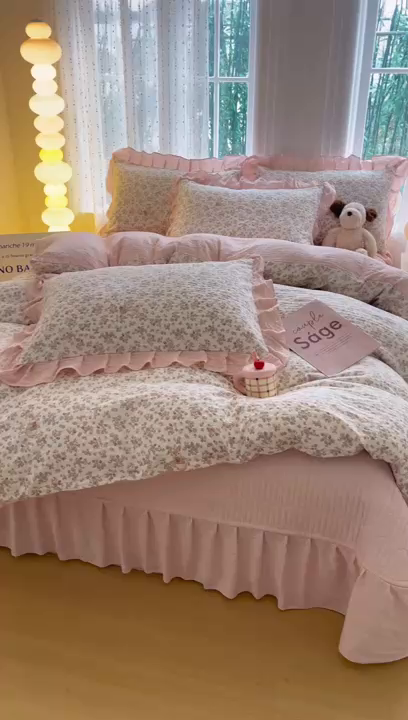 91家纺网 家纺一手货源 找家纺 民新家纺 2026新款泡芙双层纱床盖款四件套 花间密语