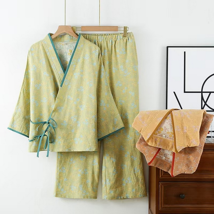 91家纺网 家纺一手货源 找家纺 （总）洛兰沙家居馆 3色复古色织 新中式宫廷风女双层纱纯棉睡衣家居服两件套