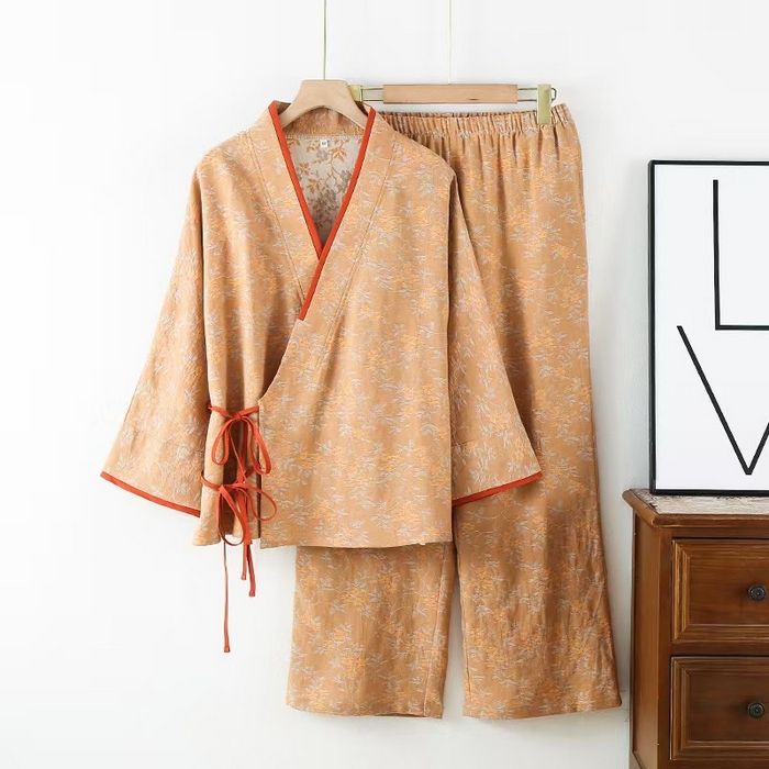 91家纺网 家纺一手货源 找家纺 （总）洛兰沙家居馆 3色复古色织 新中式宫廷风女双层纱纯棉睡衣家居服两件套