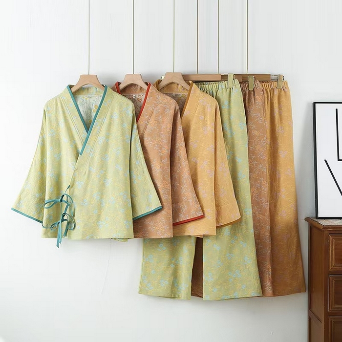 （总）洛兰沙家居馆 3色复古色织 新中式宫廷风女双层纱纯棉睡衣家居服两件套