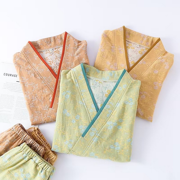 91家纺网 家纺一手货源 找家纺 （总）洛兰沙家居馆 3色复古色织 新中式宫廷风女双层纱纯棉睡衣家居服两件套