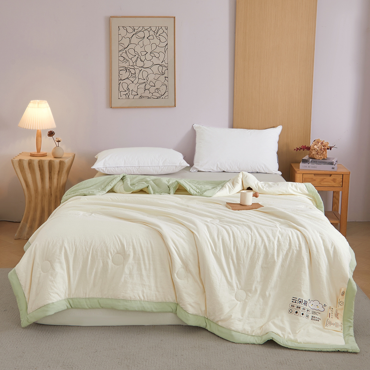 91家纺网 家纺一手货源 找家纺 样样红被业 2026新款水洗棉100%纯棉花夏被 云朵棉-白拼绿