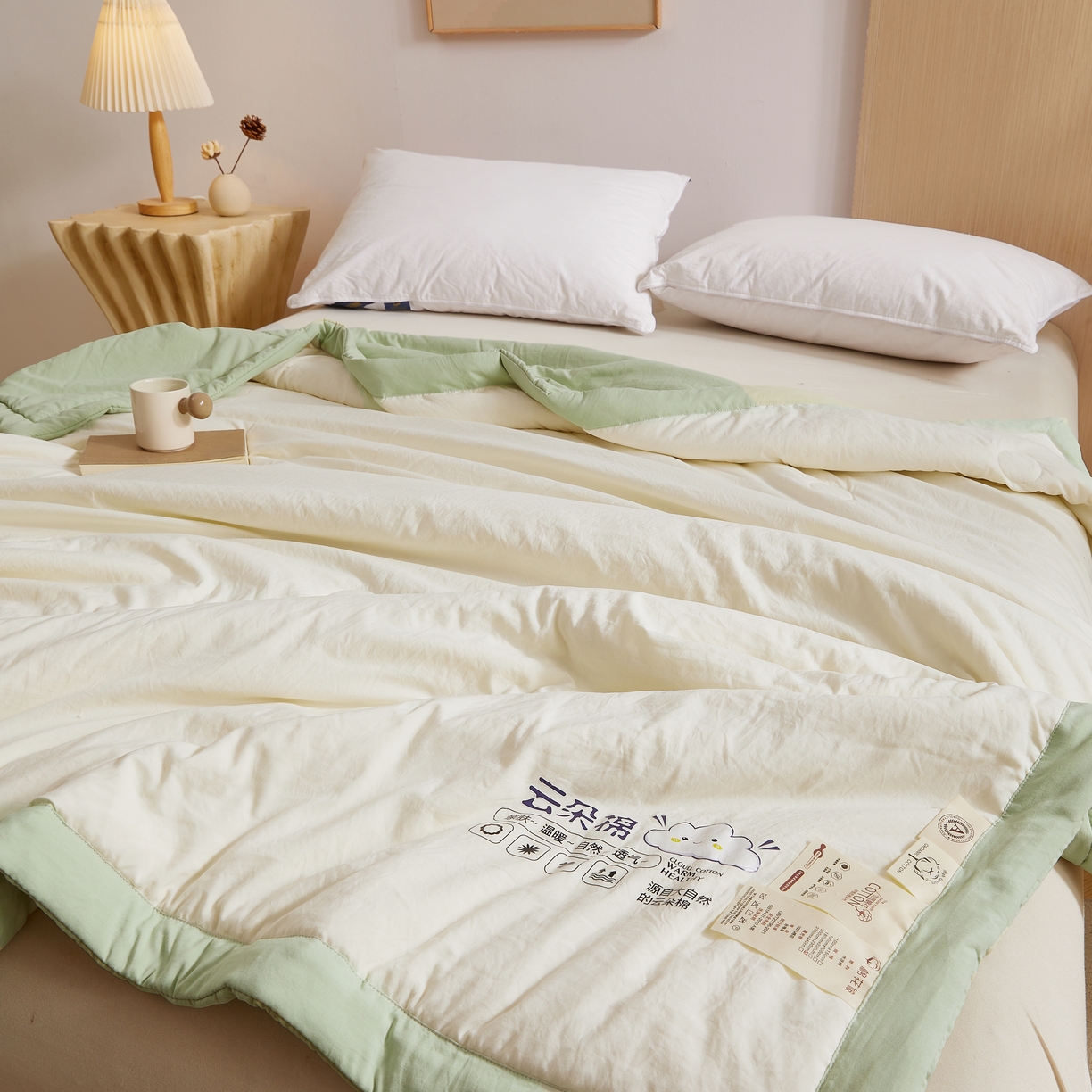 91家纺网 家纺一手货源 找家纺 样样红被业 2026新款水洗棉100%纯棉花夏被 云朵棉-白拼绿