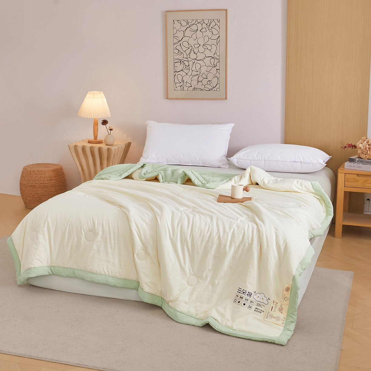 91家纺网 家纺一手货源 找家纺 样样红被业 2026新款水洗棉100%纯棉花夏被 云朵棉-白拼绿