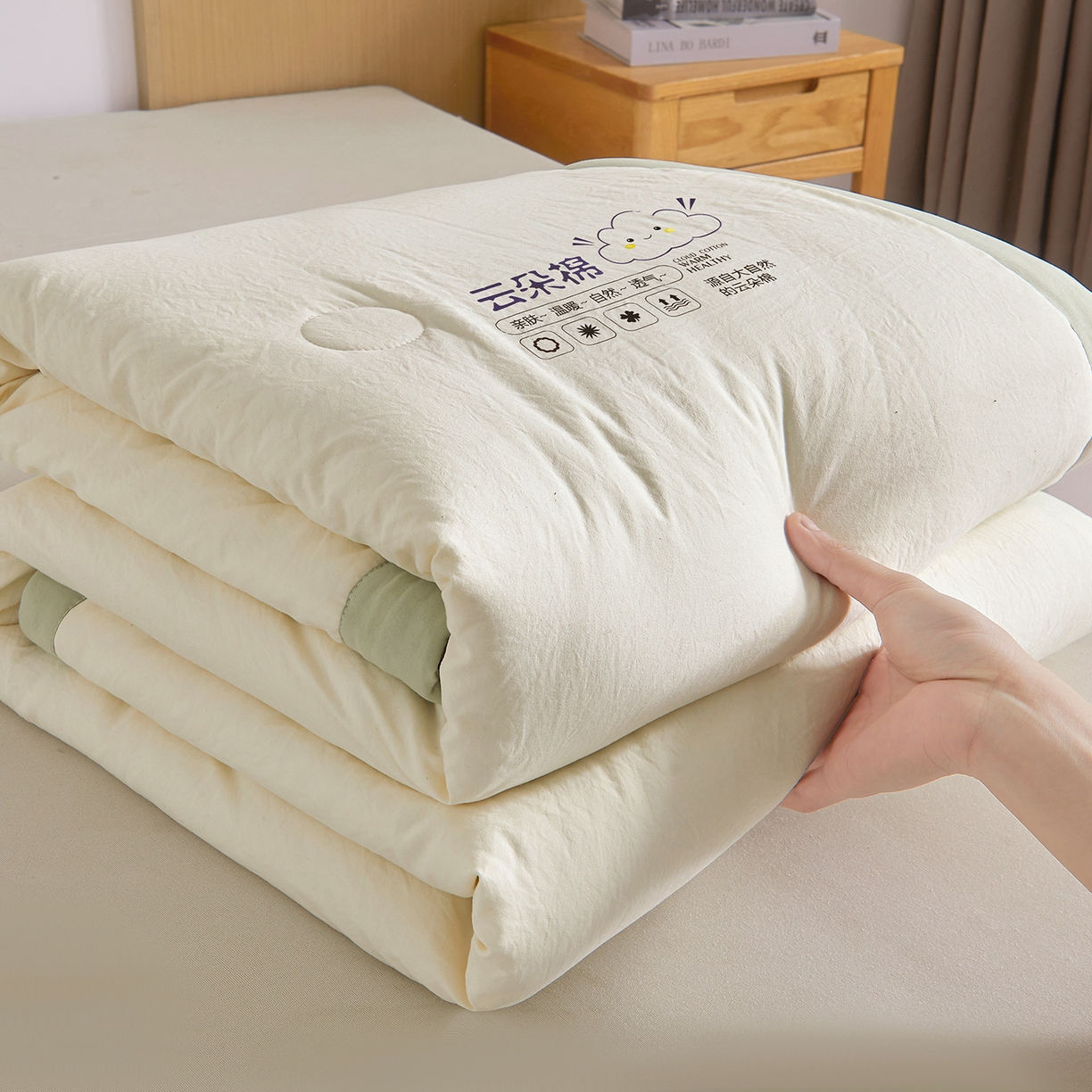 91家纺网 家纺一手货源 找家纺 样样红被业 2026新款水洗棉100%纯棉花夏被 云朵棉-白拼绿