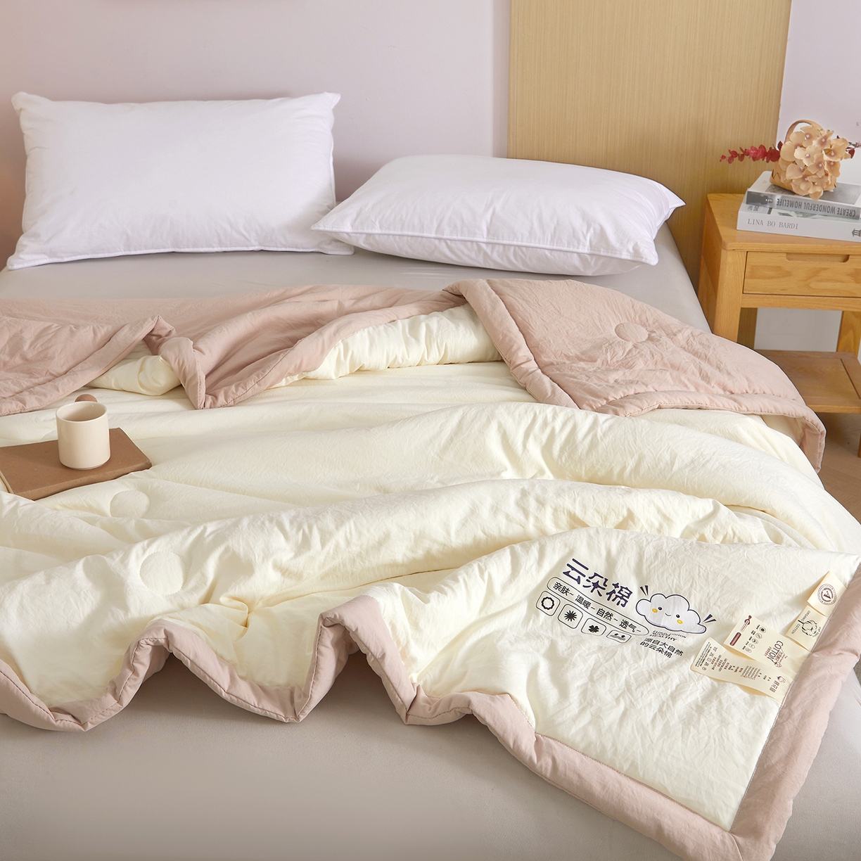 91家纺网 家纺一手货源 找家纺 样样红被业 2026新款水洗棉100%纯棉花夏被 云朵棉-白拼卡其