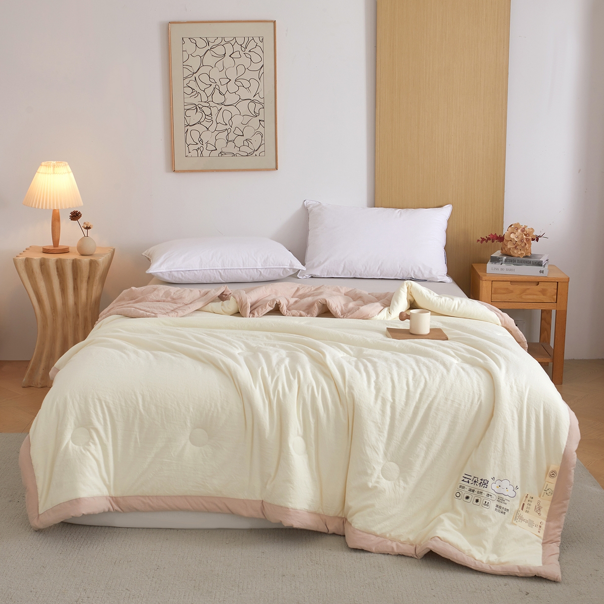 91家纺网 家纺一手货源 找家纺 样样红被业 2026新款水洗棉100%纯棉花夏被 云朵棉-白拼卡其