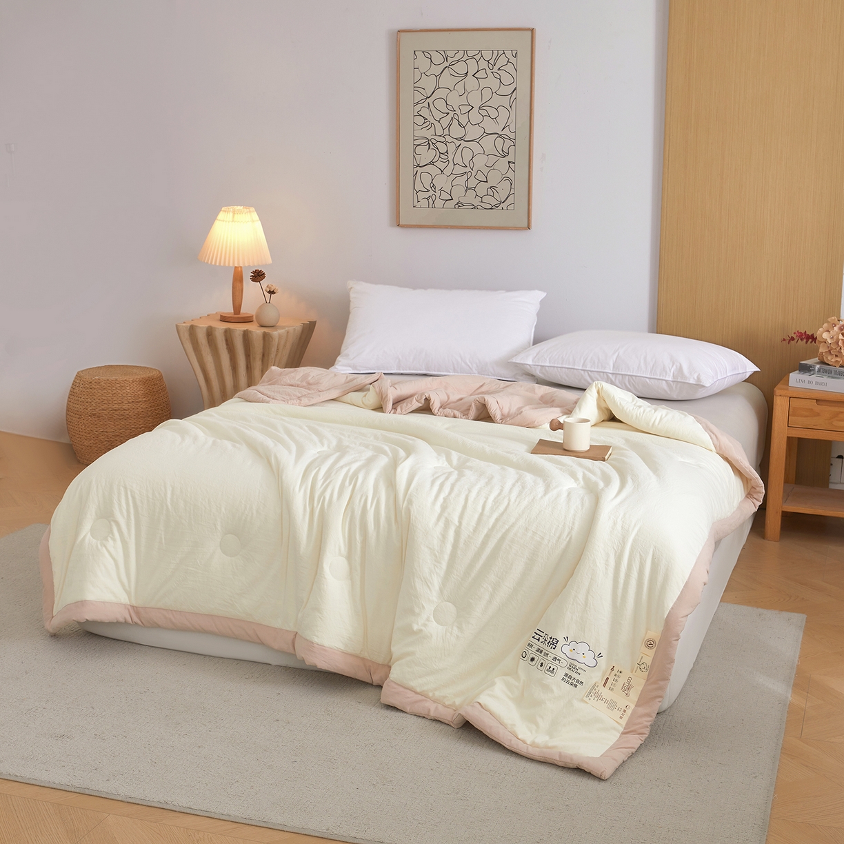 91家纺网 家纺一手货源 找家纺 样样红被业 2026新款水洗棉100%纯棉花夏被 云朵棉-白拼卡其