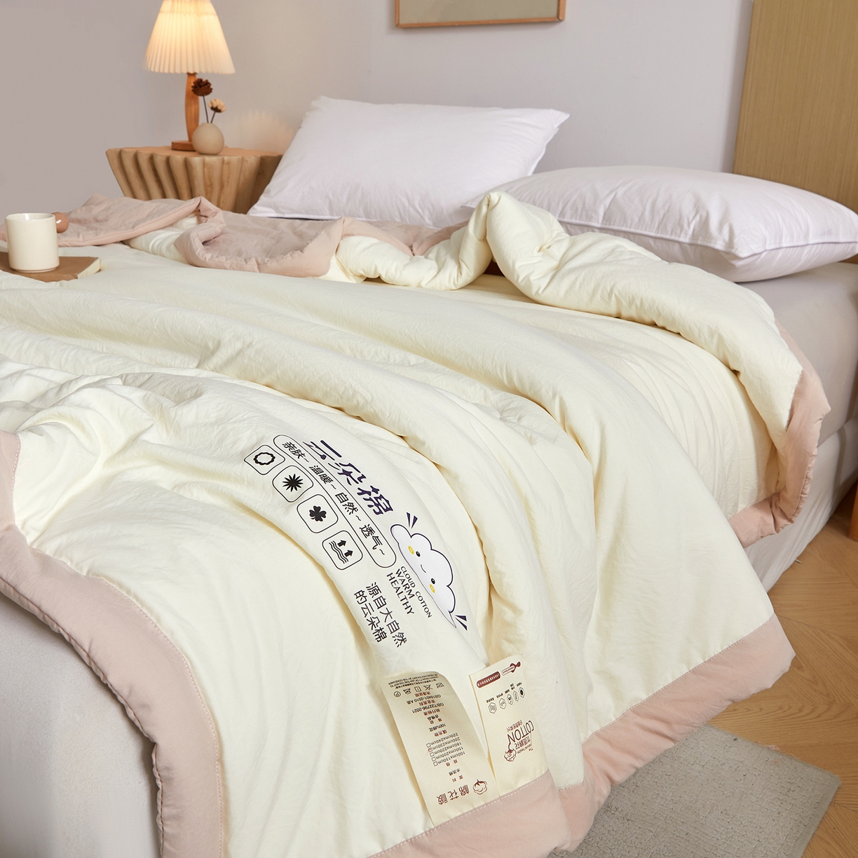 91家纺网 家纺一手货源 找家纺 样样红被业 2026新款水洗棉100%纯棉花夏被 云朵棉-白拼卡其