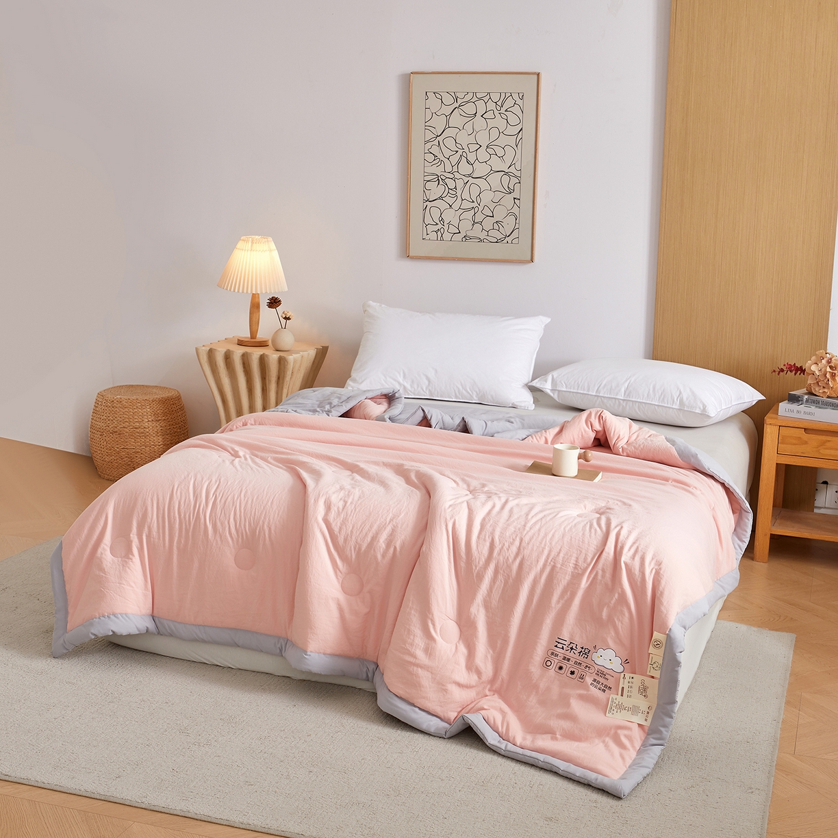91家纺网 家纺一手货源 找家纺 样样红被业 2026新款水洗棉100%纯棉花夏被 云朵棉-粉拼灰
