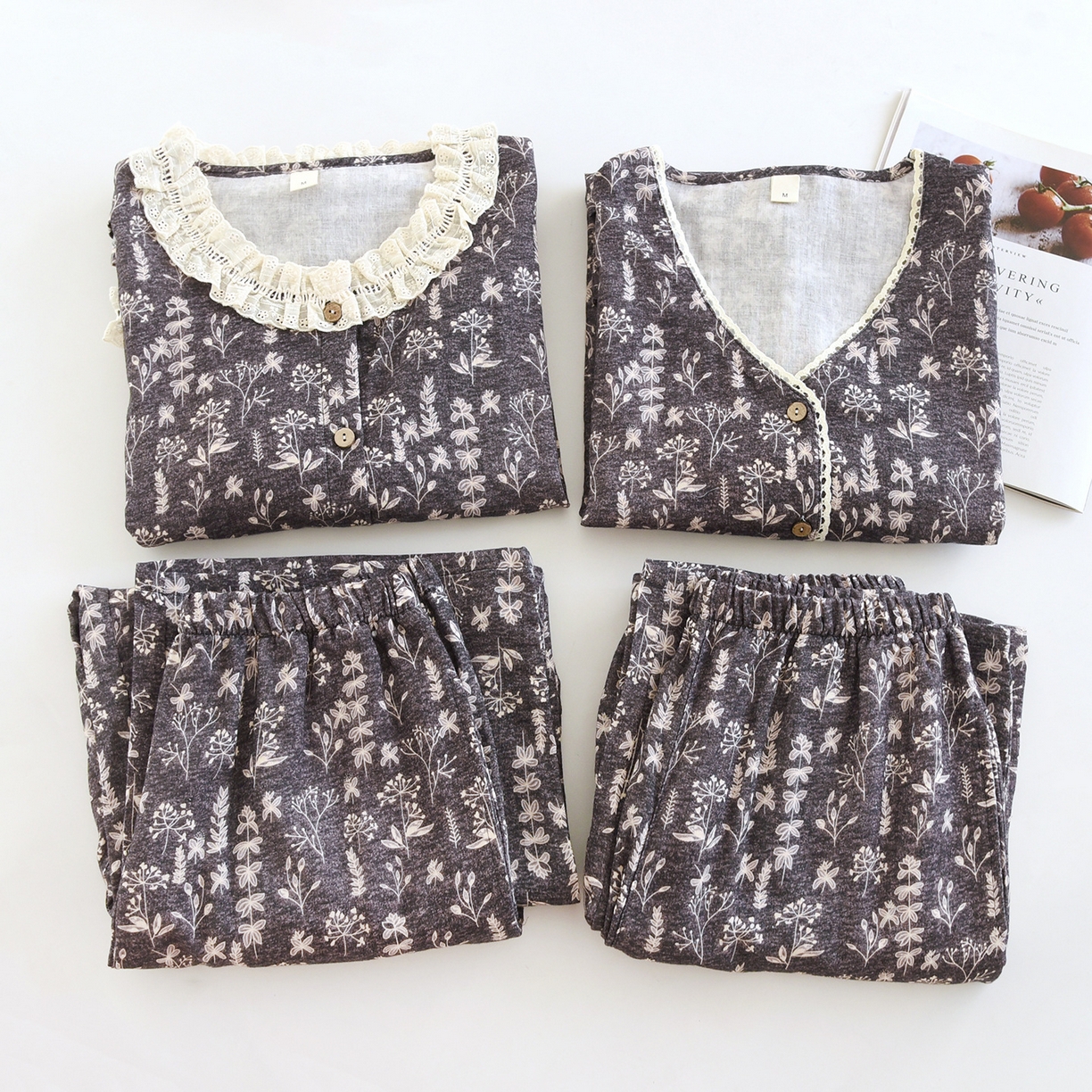 91家纺网 家纺一手货源 找家纺 （总）洛兰沙家居馆 复古印花双层棉纱睡衣女冬款休闲舒适透气宽松长袖家居服套装纯棉