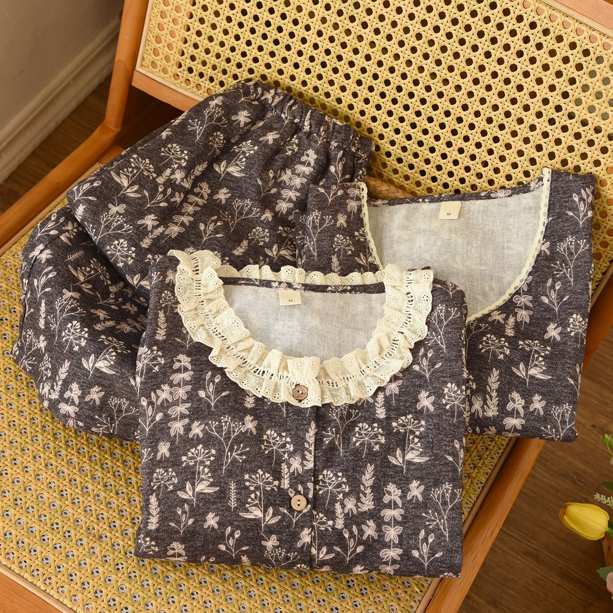 91家纺网 家纺一手货源 找家纺 （总）洛兰沙家居馆 复古印花双层棉纱睡衣女冬款休闲舒适透气宽松长袖家居服套装纯棉