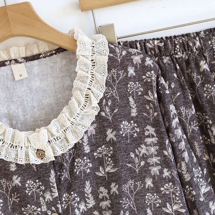 91家纺网 家纺一手货源 找家纺 （总）洛兰沙家居馆 复古印花双层棉纱睡衣女冬款休闲舒适透气宽松长袖家居服套装纯棉