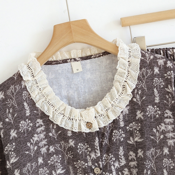 91家纺网 家纺一手货源 找家纺 （总）洛兰沙家居馆 复古印花双层棉纱睡衣女冬款休闲舒适透气宽松长袖家居服套装纯棉