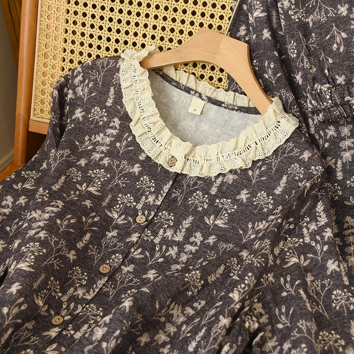 91家纺网 家纺一手货源 找家纺 （总）洛兰沙家居馆 复古印花双层棉纱睡衣女冬款休闲舒适透气宽松长袖家居服套装纯棉