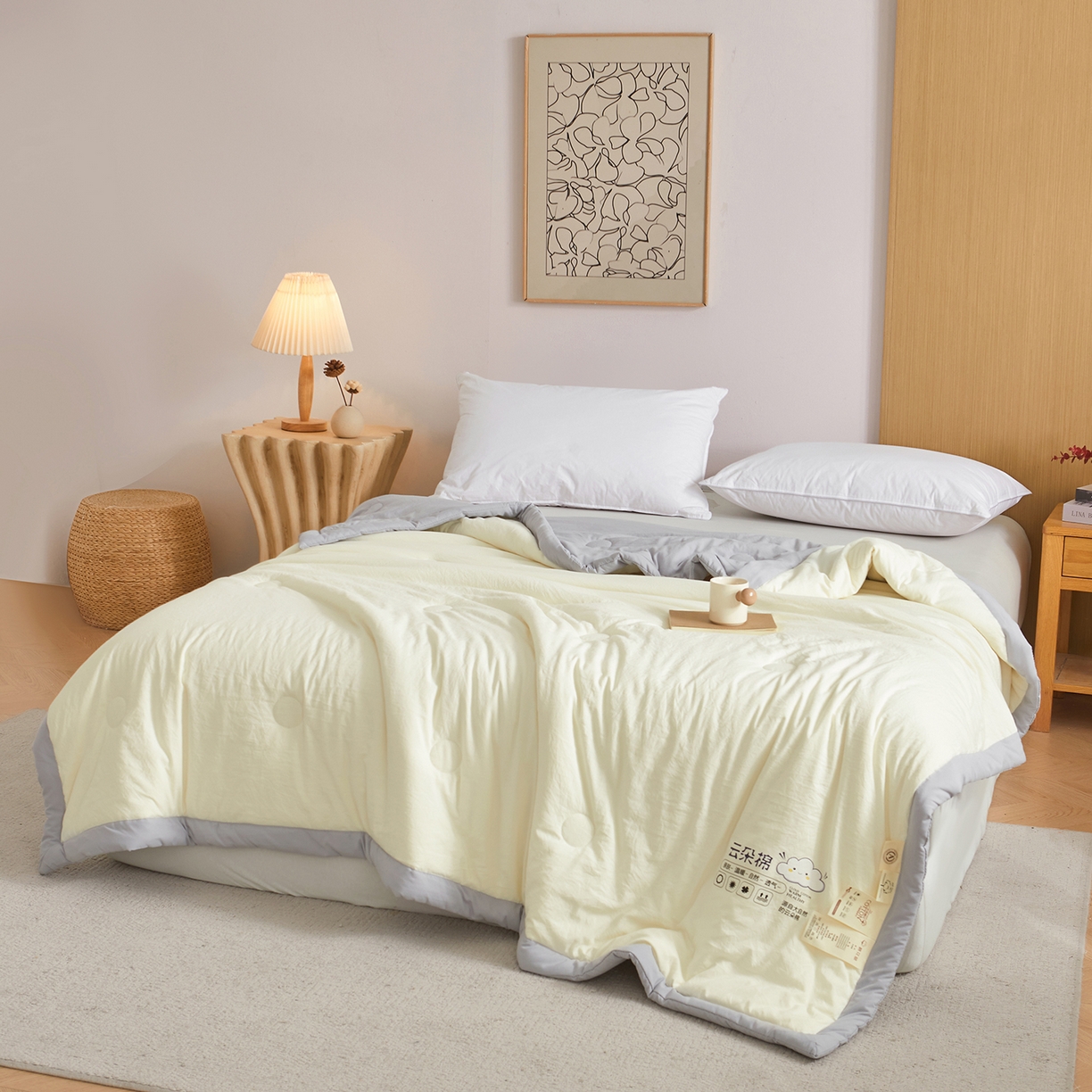 91家纺网 家纺一手货源 找家纺 样样红被业 2026新款水洗棉100%纯棉花夏被 云朵棉-黄拼灰