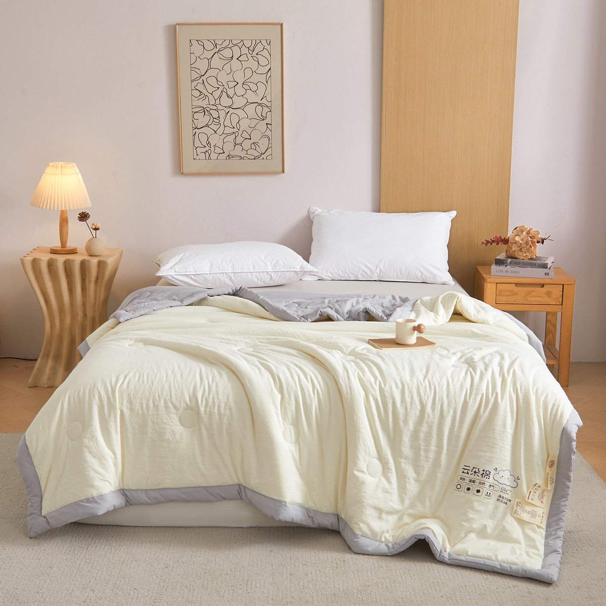 91家纺网 家纺一手货源 找家纺 样样红被业 2026新款水洗棉100%纯棉花夏被 云朵棉-黄拼灰