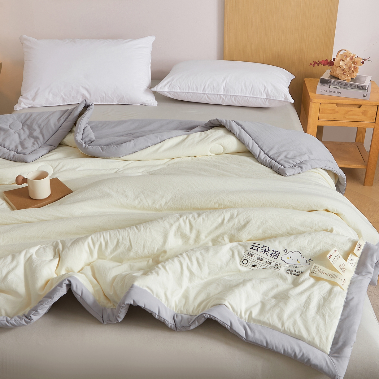 91家纺网 家纺一手货源 找家纺 样样红被业 2026新款水洗棉100%纯棉花夏被 云朵棉-黄拼灰