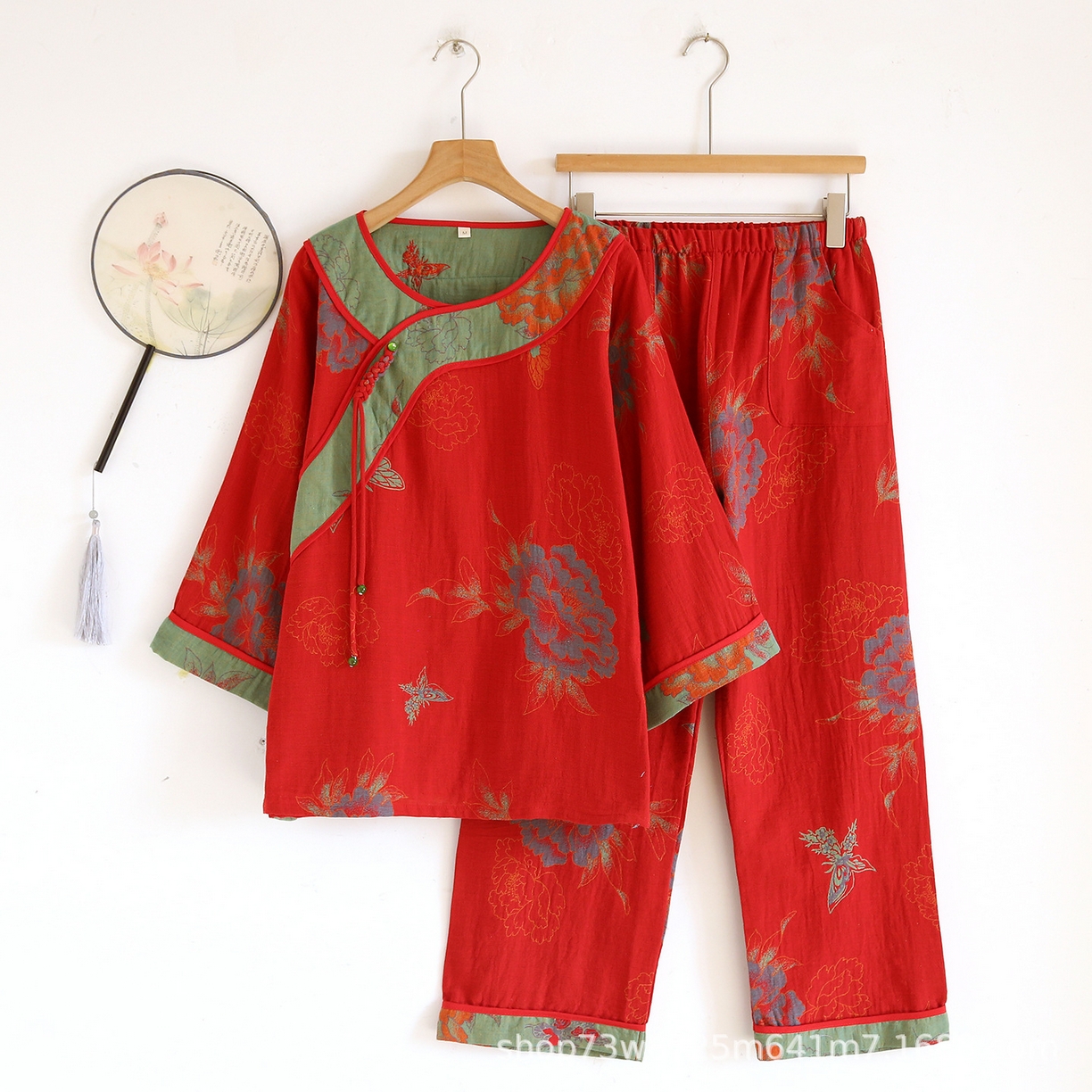 91家纺网 家纺一手货源 找家纺 （总）洛兰沙家居馆 国风新中式提花纯棉棉纱圆领女士睡衣短袖宽松家居服春夏古典风