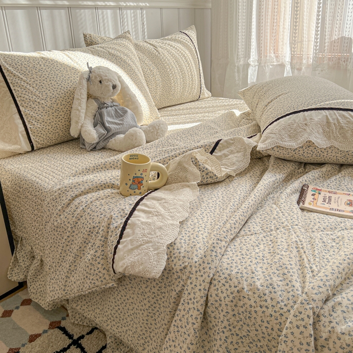 91家纺网 家纺一手货源 找家纺 欧尚 2026新款花边云感棉夏被床盖四件套 春辰绿