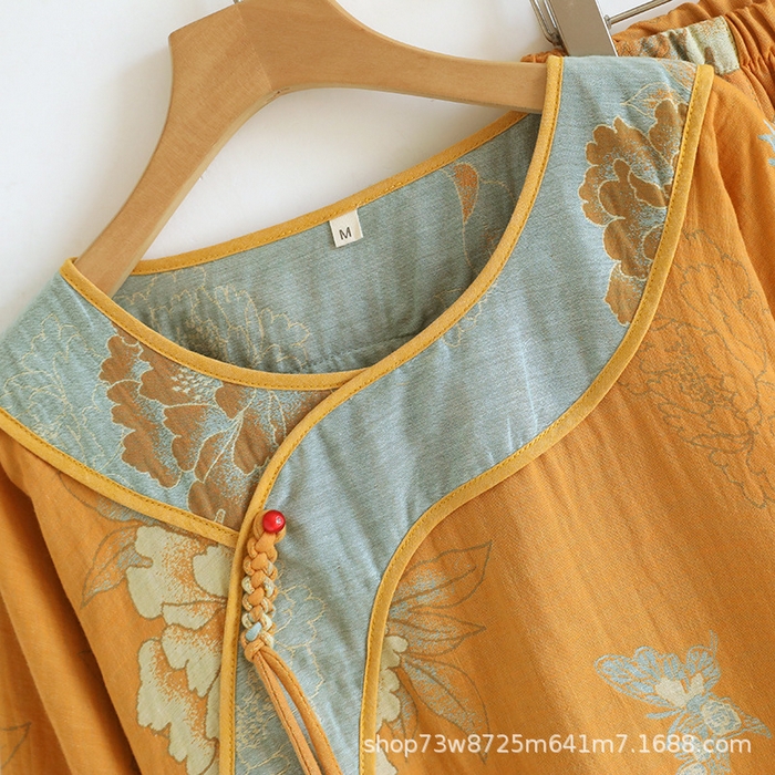 91家纺网 家纺一手货源 找家纺 （总）洛兰沙家居馆 国风新中式提花纯棉棉纱圆领女士睡衣短袖宽松家居服春夏古典风