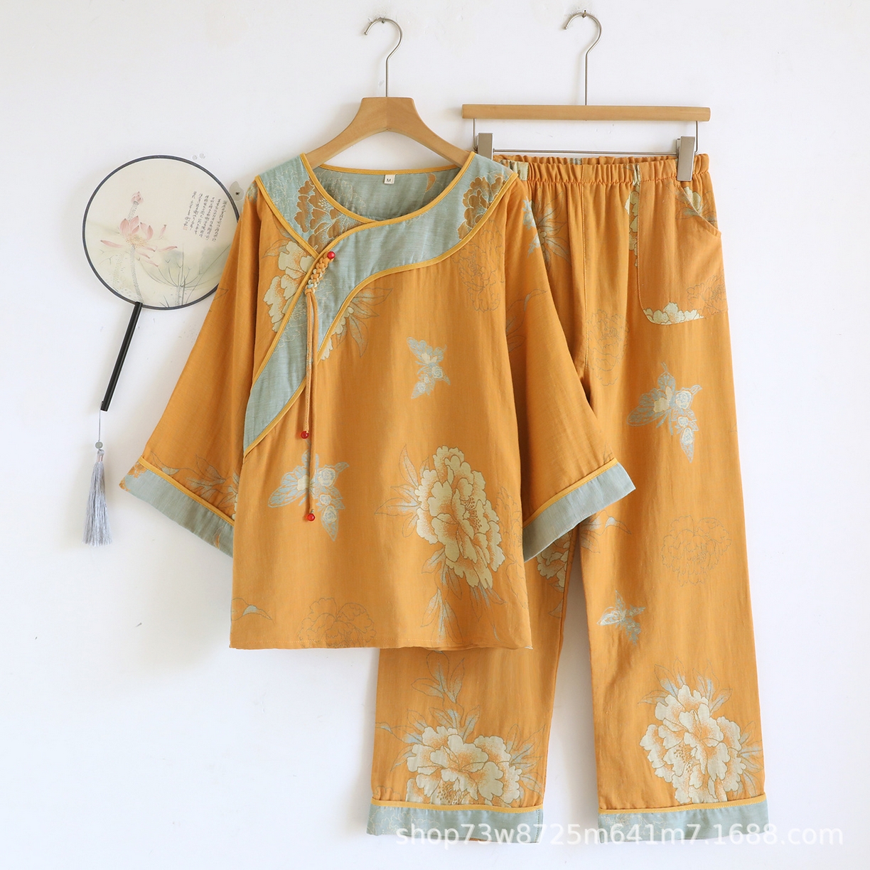 91家纺网 家纺一手货源 找家纺 （总）洛兰沙家居馆 国风新中式提花纯棉棉纱圆领女士睡衣短袖宽松家居服春夏古典风